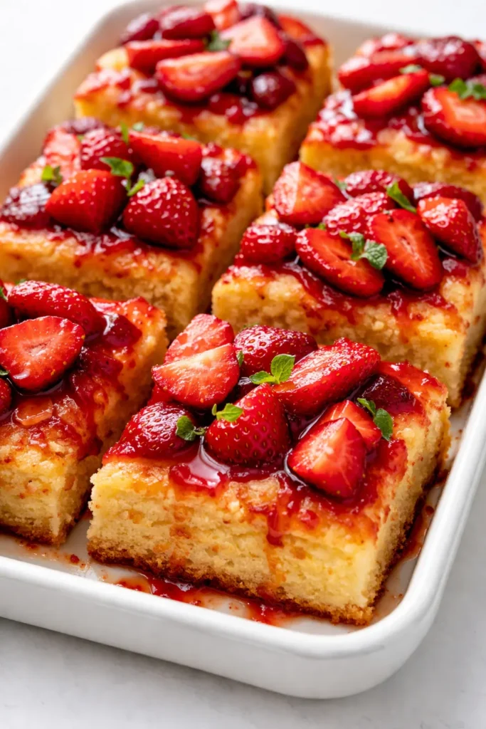 Golden brown shortcake bars layered with juicy strawberries and creamy whipped cream on a white plate.