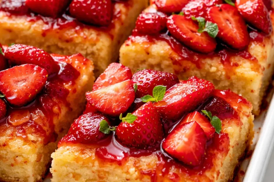 Golden brown shortcake bars layered with juicy strawberries and creamy whipped cream on a white plate.