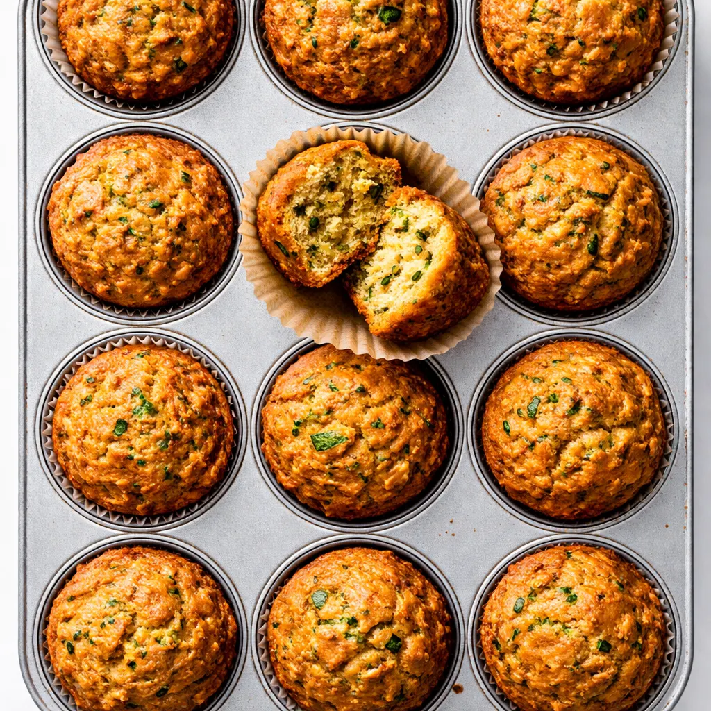 Moist homemade zucchini muffin with tender crumb and green flecks of zucchini, golden brown top.