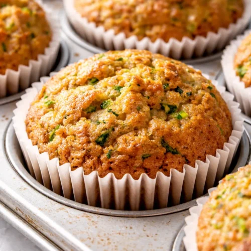 Golden-brown homemade zucchini muffins with a moist crumb and speckled green flecks, piled on a rustic wooden board.