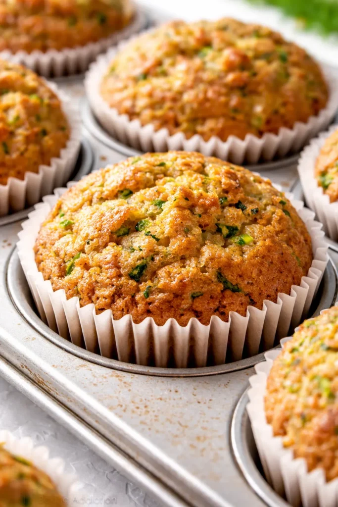 Golden-brown homemade zucchini muffins with a moist crumb and speckled green flecks, piled on a rustic wooden board.