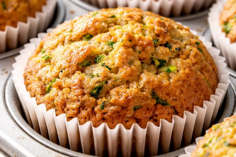 Golden-brown homemade zucchini muffins with a moist crumb and speckled green flecks, piled on a rustic wooden board.