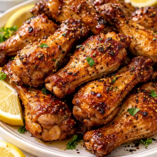 Crispy oven-baked honey lemon pepper wings with a sticky glaze and golden brown color, served on a platter.