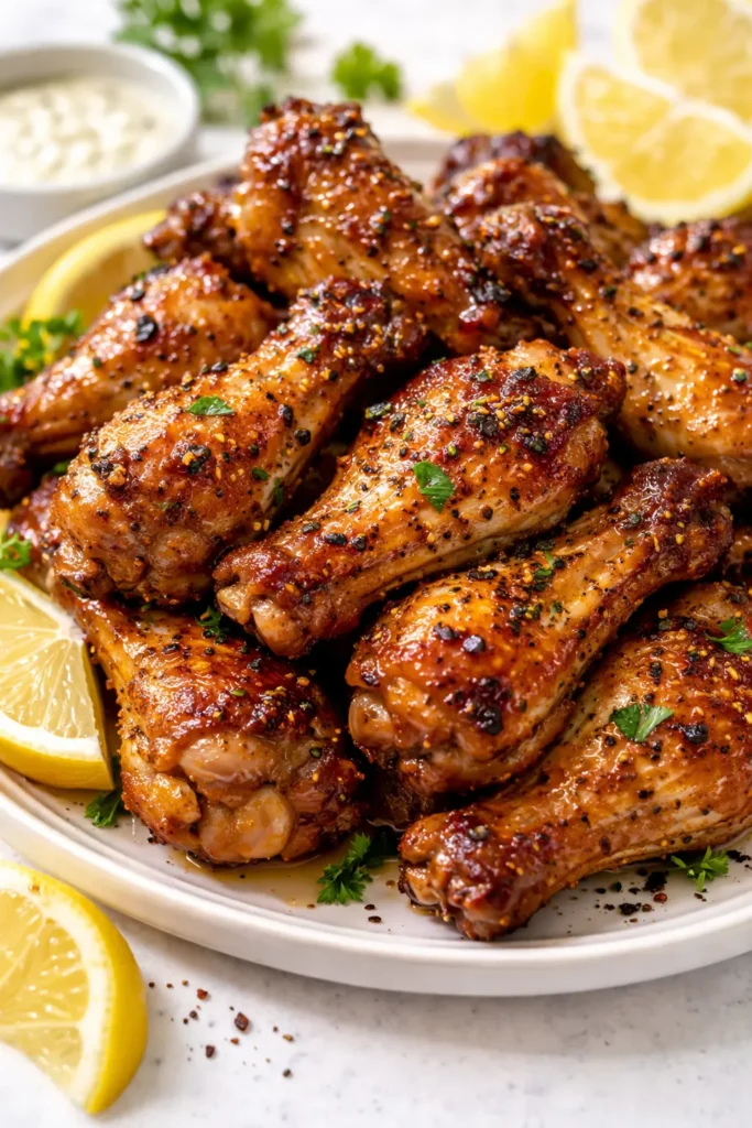 Crispy oven-baked honey lemon pepper wings with a sticky glaze and golden brown color, served on a platter.
