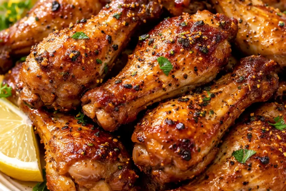 Crispy oven-baked honey lemon pepper wings with a sticky glaze and golden brown color, served on a platter.