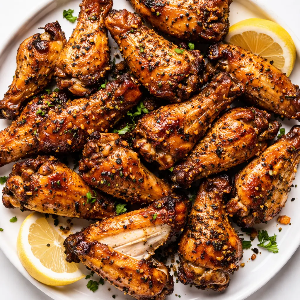 Crispy oven-baked honey lemon pepper wings being tossed in a sticky, glossy sauce in a large bowl.