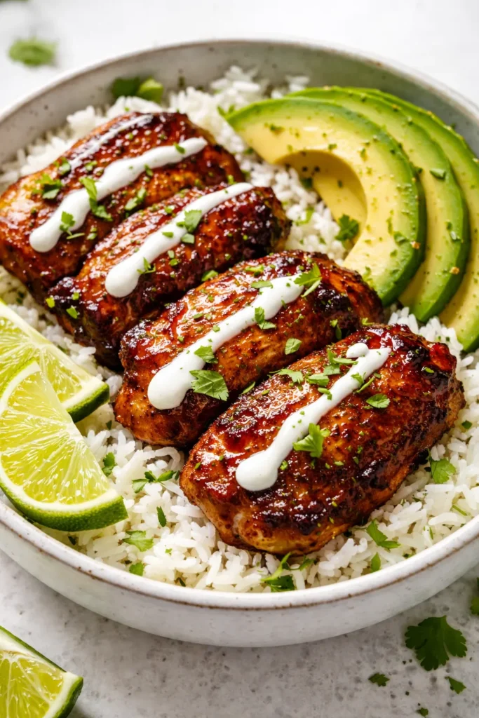 Golden brown honey lime chicken slices arranged over fluffy white rice with creamy green avocado wedges and a lime wedge on the side in a bowl