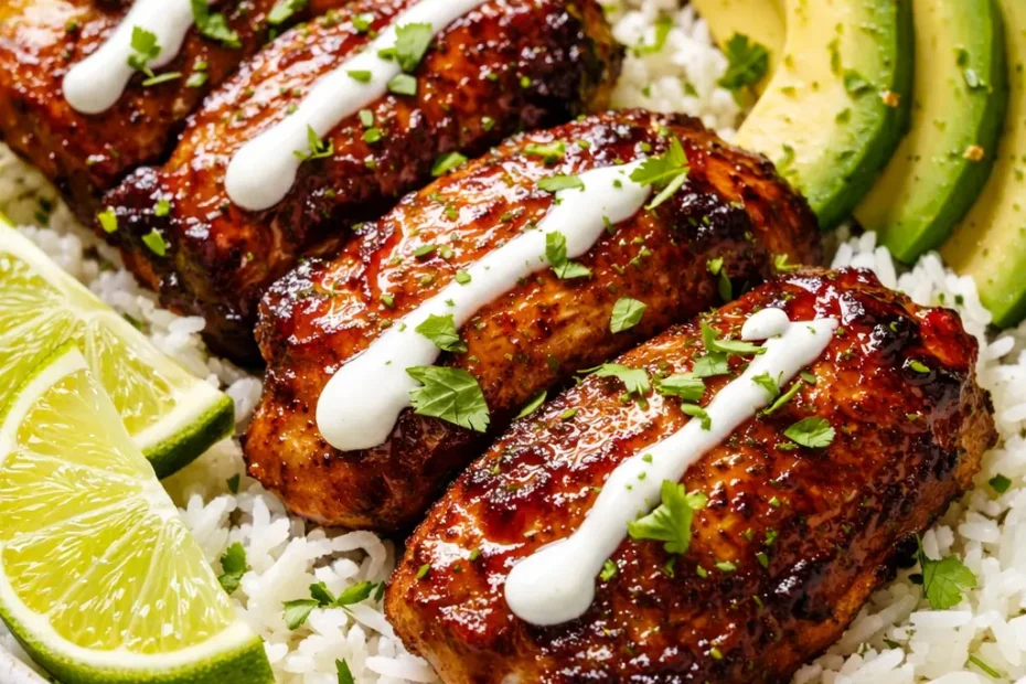 Golden brown honey lime chicken slices arranged over fluffy white rice with creamy green avocado wedges and a lime wedge on the side in a bowl