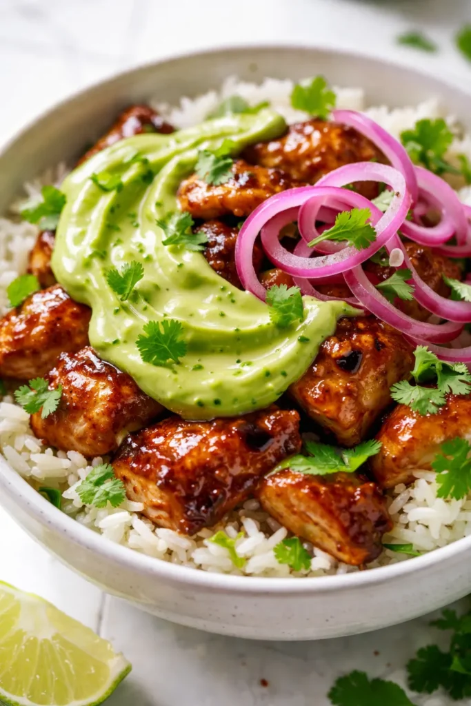 Honey lime chicken and avocado rice bowl with grilled chicken, creamy avocado slices, and cilantro lime dressing over white rice.