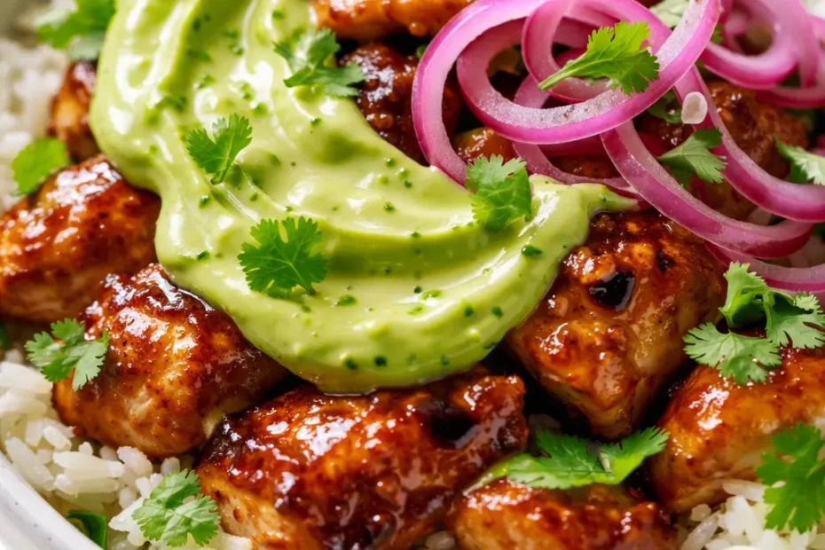 Honey lime chicken and avocado rice bowl with grilled chicken, creamy avocado slices, and cilantro lime dressing over white rice.
