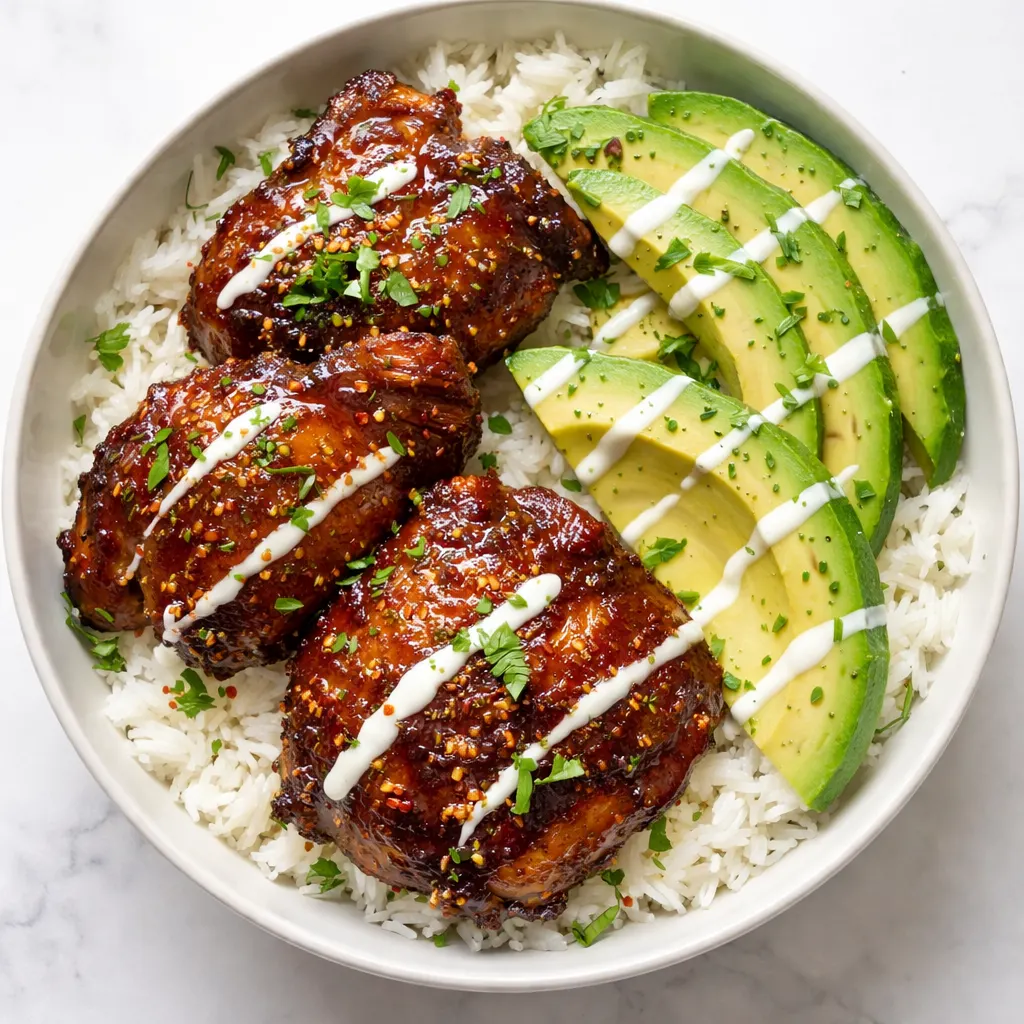 Honey lime chicken being glazed with sauce beside diced avocado and steamed rice in a bowl, showing vibrant colors.