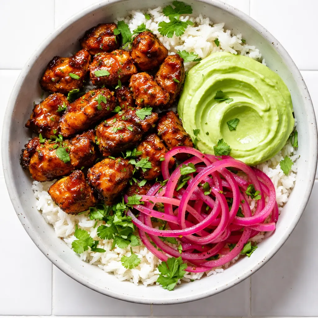 Honey lime chicken slices over cilantro lime rice with diced avocado and a drizzle of lime crema, vibrant colors and fresh textures.