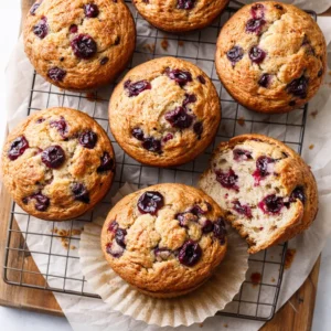 Tall bakery-style huckleberry muffins with golden domed tops and burst purple berries