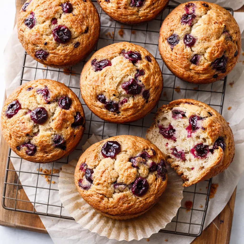 Tall bakery-style huckleberry muffins with golden domed tops and burst purple berries