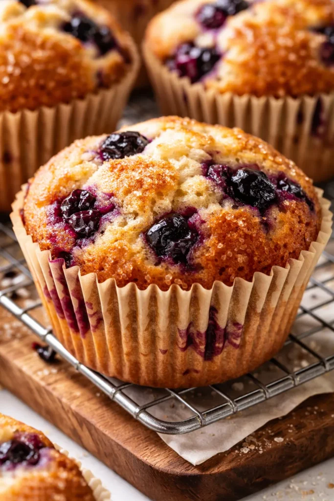 Golden huckleberry muffins with a buttery streusel topping, berries bursting through the surface, served on a white plate.