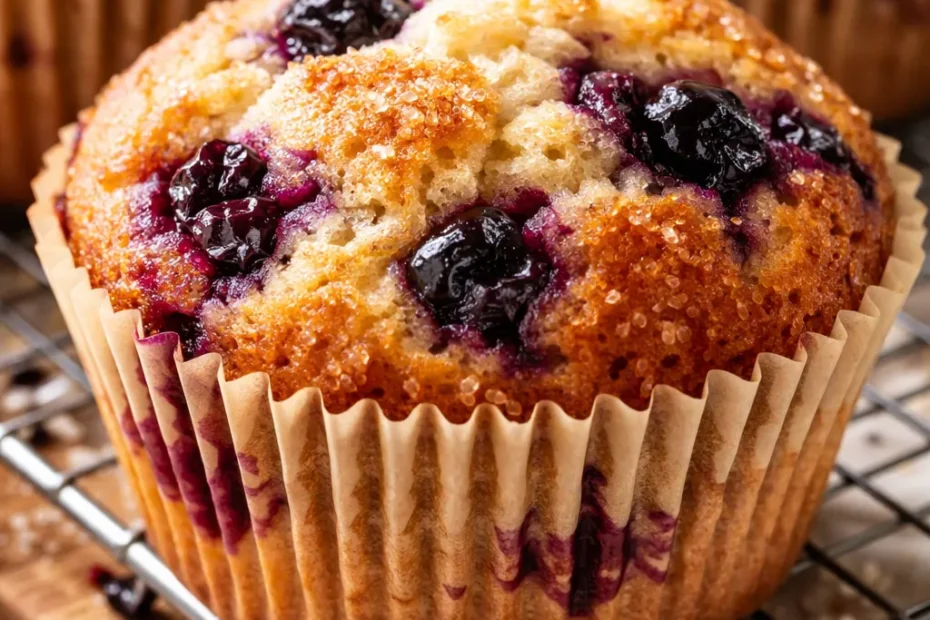 Golden huckleberry muffins with a buttery streusel topping, berries bursting through the surface, served on a white plate.