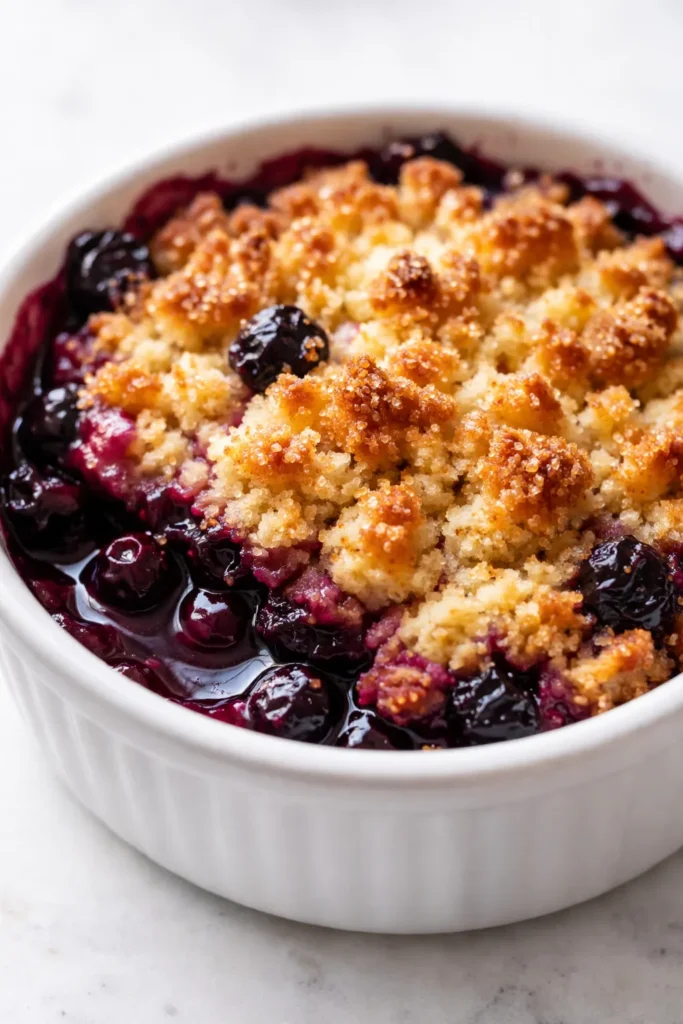 Golden strawberry shortcake crumble topping on a deep purple huckleberry pie, with a sliced piece revealing juicy filling.
