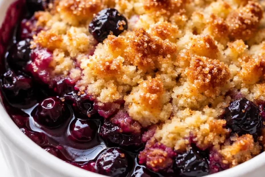 Golden strawberry shortcake crumble topping on a deep purple huckleberry pie, with a sliced piece revealing juicy filling.