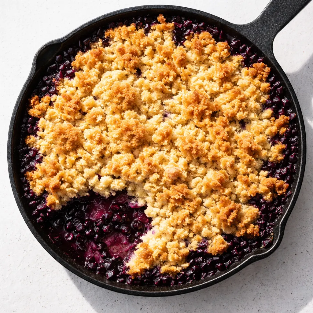 Golden strawberry shortcake crumble topping on a huckleberry pie, revealing juicy purple berries and a flaky golden crust.