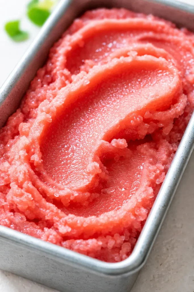 A creamy scoop of hydrating watermelon sorbet with vibrant pink color and smooth texture, garnished with mint leaves