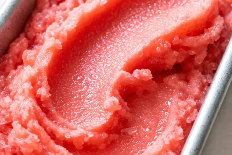 A creamy scoop of hydrating watermelon sorbet with vibrant pink color and smooth texture, garnished with mint leaves
