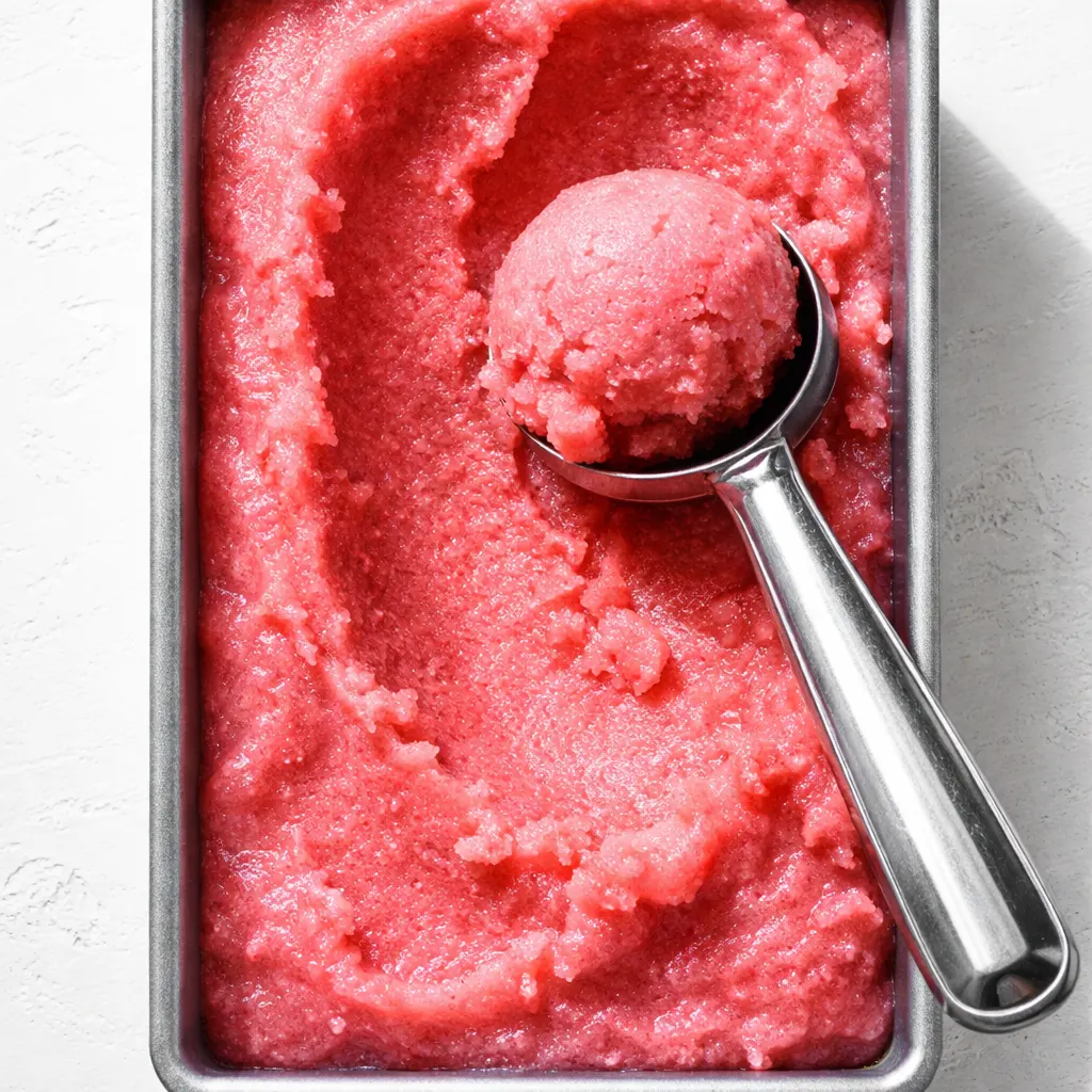 Blending fresh watermelon into a creamy, vibrant pink hydrating watermelon sorbet with a smooth texture.