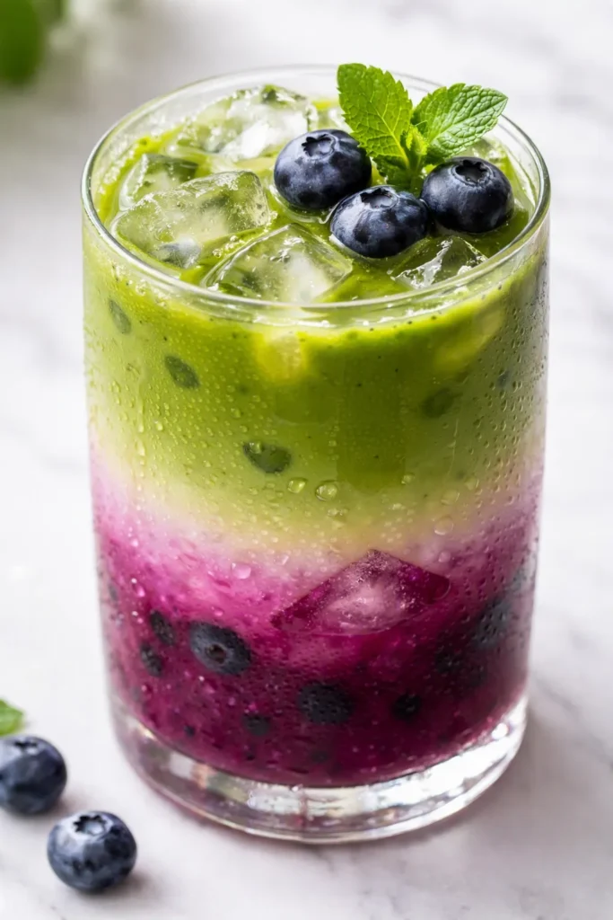 Iced blueberry matcha latte with vibrant green matcha and deep purple blueberry layers, creamy texture over ice.