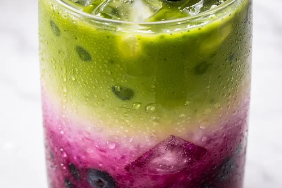 Iced blueberry matcha latte with vibrant green matcha and deep purple blueberry layers, creamy texture over ice.