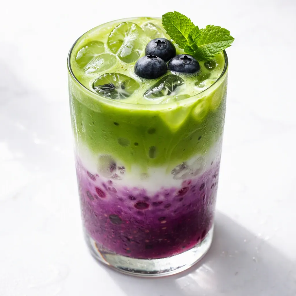 Iced blueberry matcha latte in a clear glass with vivid blueberry syrup, creamy milk, and vibrant green matcha froth.