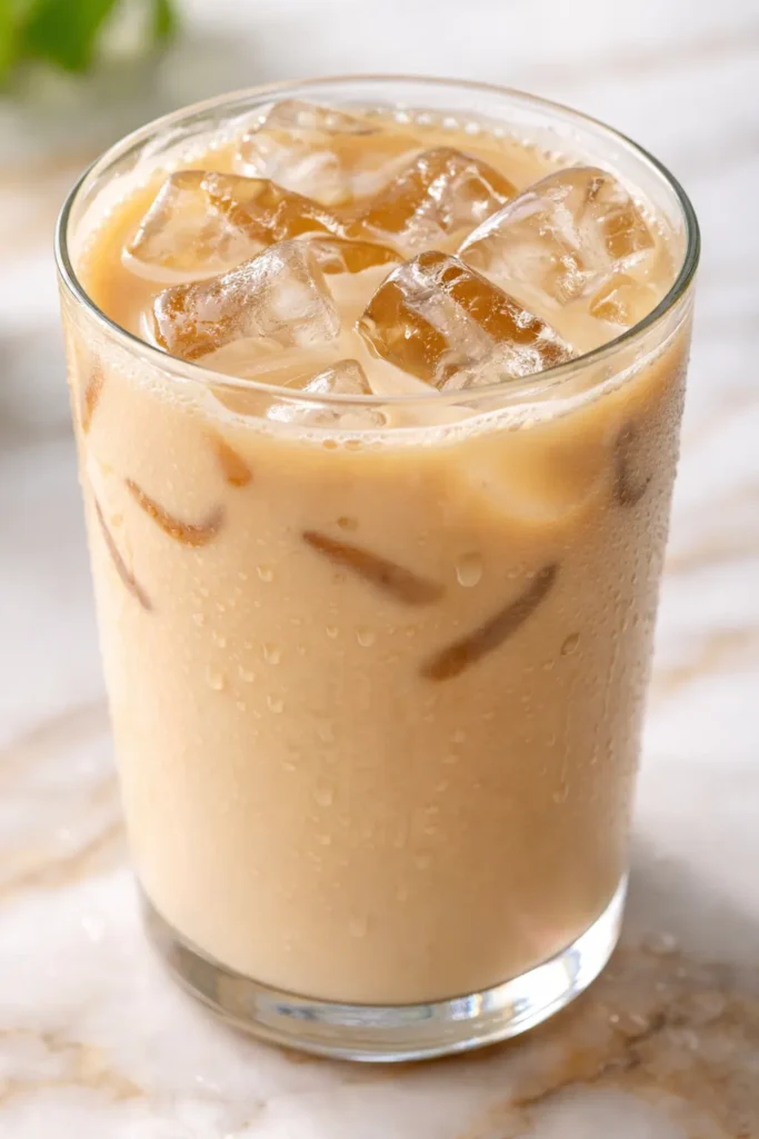 Tall glass of iced vanilla chai latte with creamy milk, ice cubes, and a sprinkle of cinnamon on top.