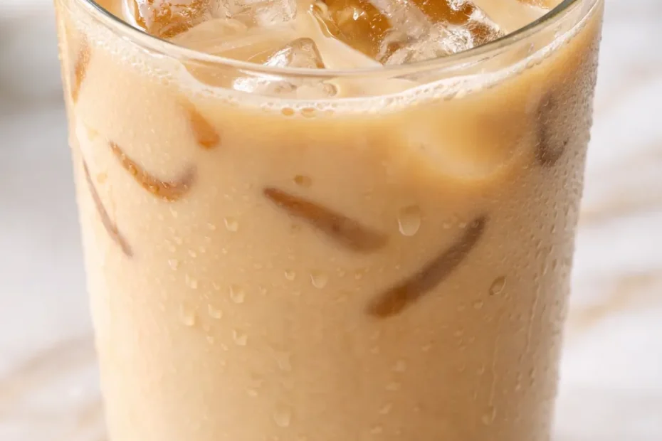 Tall glass of iced vanilla chai latte with creamy milk, ice cubes, and a sprinkle of cinnamon on top.
