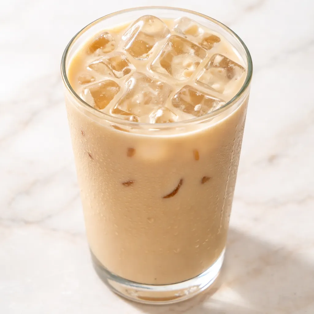 Tall glass of iced vanilla chai latte with ice cubes and a cinnamon stick, creamy beige color