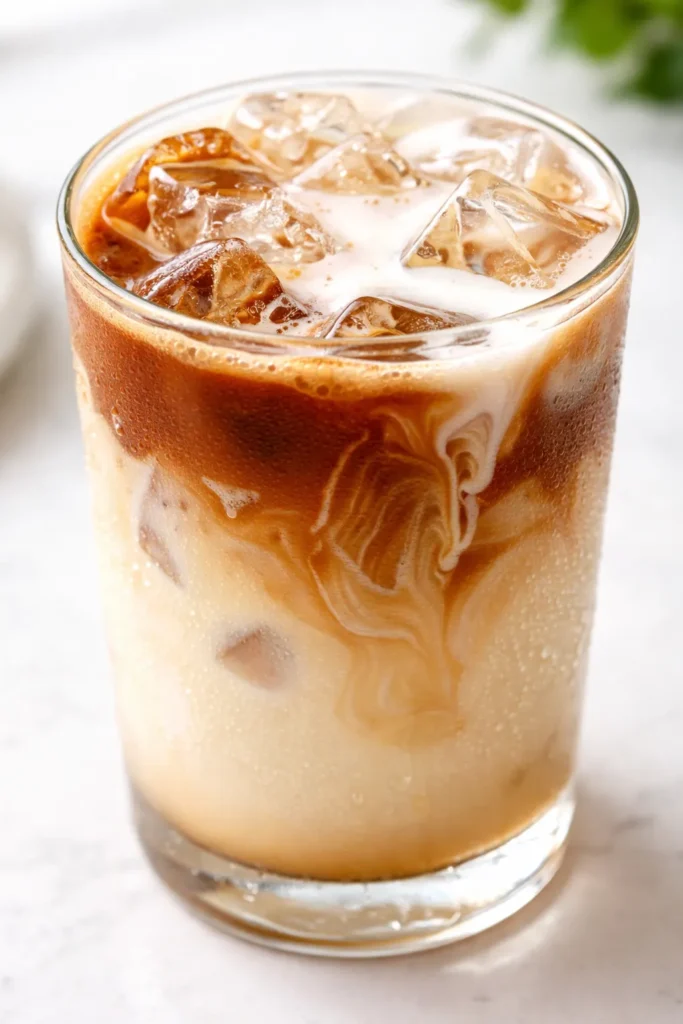 Tall glass of iced vanilla latte with creamy foam, ice cubes, and vanilla syrup streaks, golden-brown coffee color.