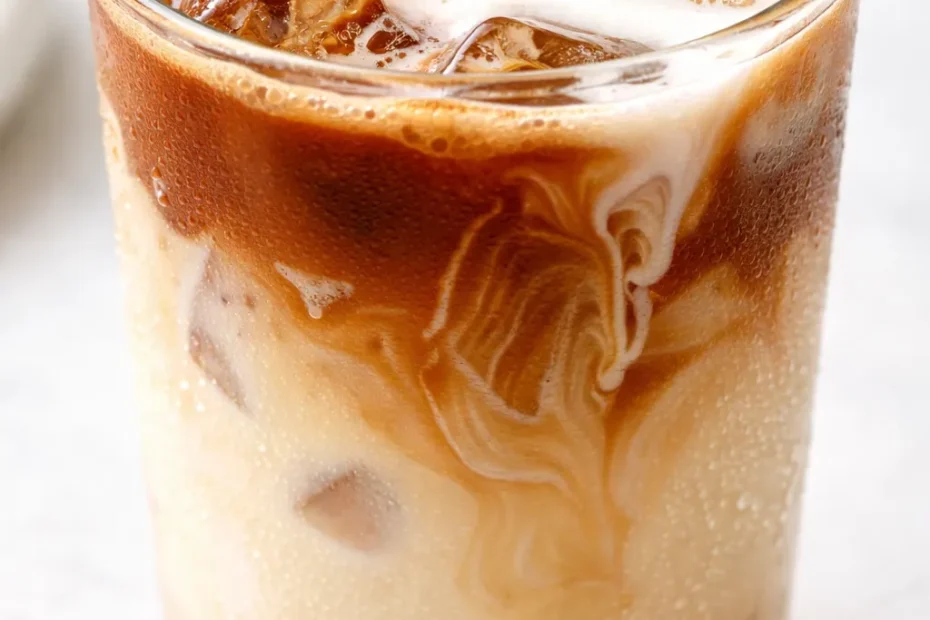 Tall glass of iced vanilla latte with creamy foam, ice cubes, and vanilla syrup streaks, golden-brown coffee color.