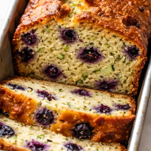 Lemon blueberry zucchini bread slice on white plate, golden crust with blueberries and green zucchini flecks, moist crumb.