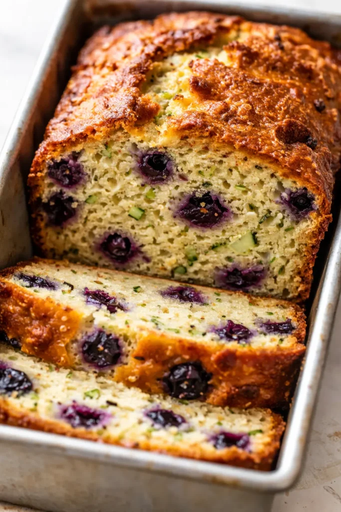 Lemon blueberry zucchini bread slice on white plate, golden crust with blueberries and green zucchini flecks, moist crumb.