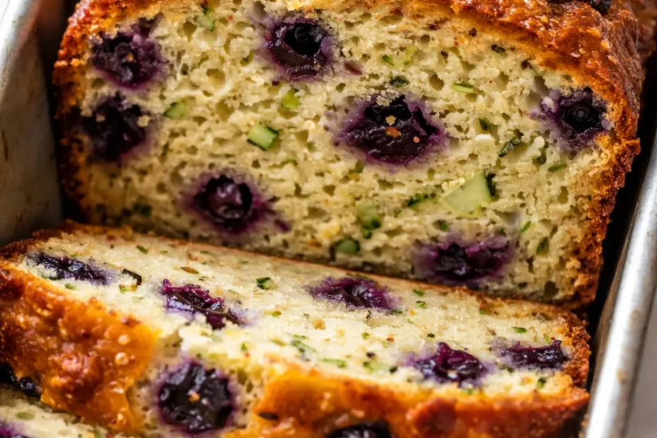 Lemon blueberry zucchini bread slice on white plate, golden crust with blueberries and green zucchini flecks, moist crumb.