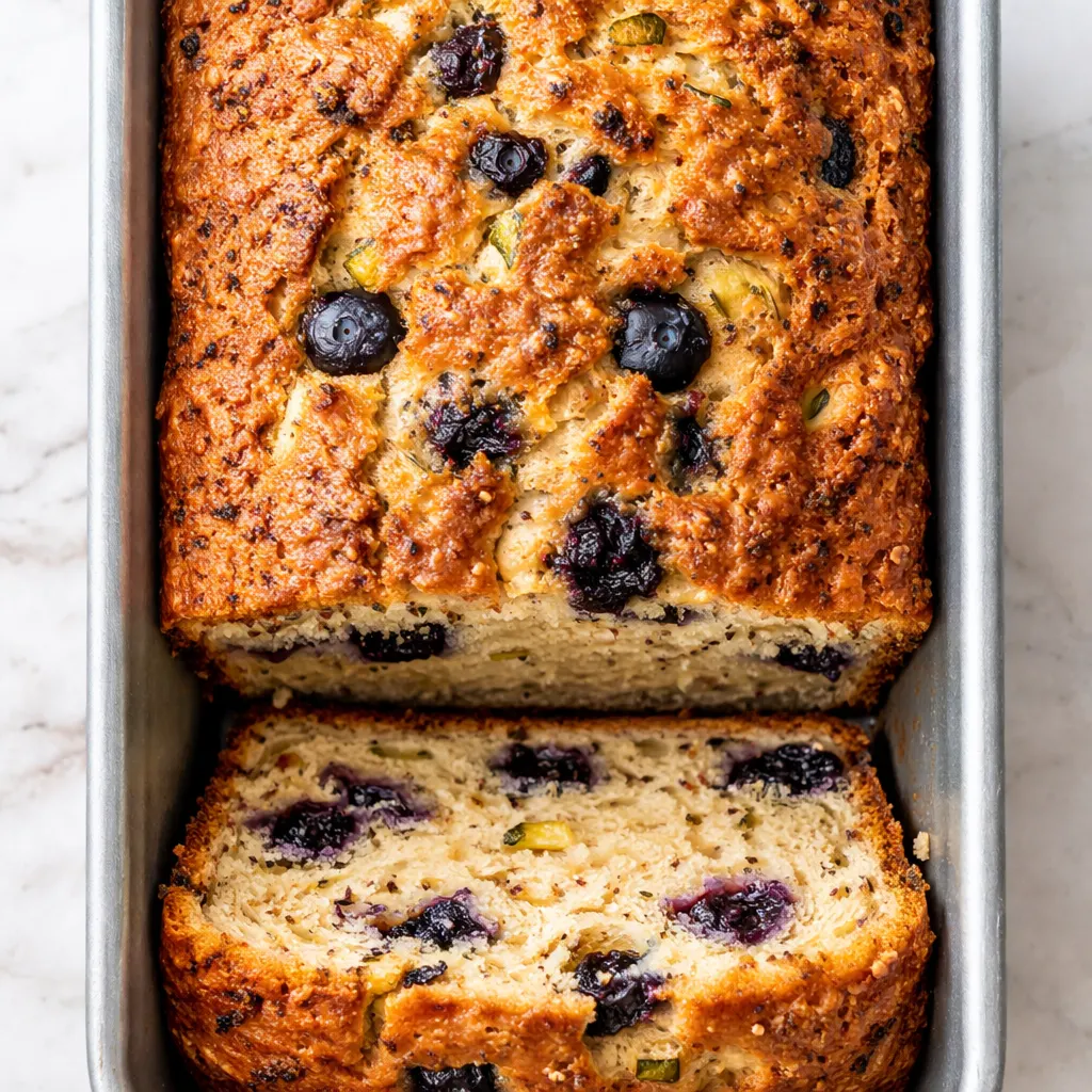 Golden brown lemon blueberry zucchini bread slice with visible blueberries and moist crumb, no sogginess.