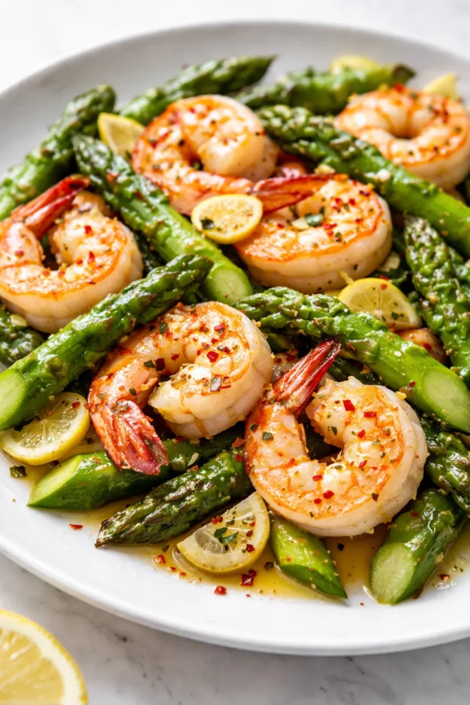 Succulent lemon garlic shrimp and tender-crisp asparagus spears drizzled with glossy buttery sauce on a white plate.
