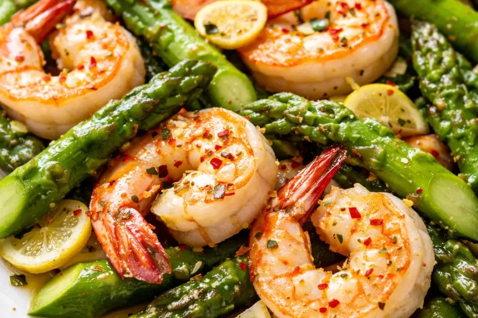 Succulent lemon garlic shrimp and tender-crisp asparagus spears drizzled with glossy buttery sauce on a white plate.