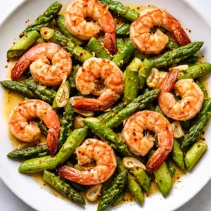 Sizzling lemon garlic shrimp and asparagus in a skillet with minced garlic and lemon slices, releasing aromatic steam.