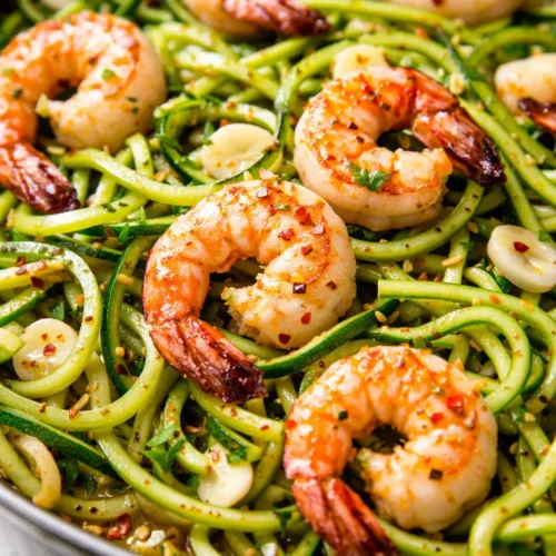 Plump shrimp in glossy lemon garlic sauce over spiralized zucchini noodles, garnished with fresh parsley on a white plate.