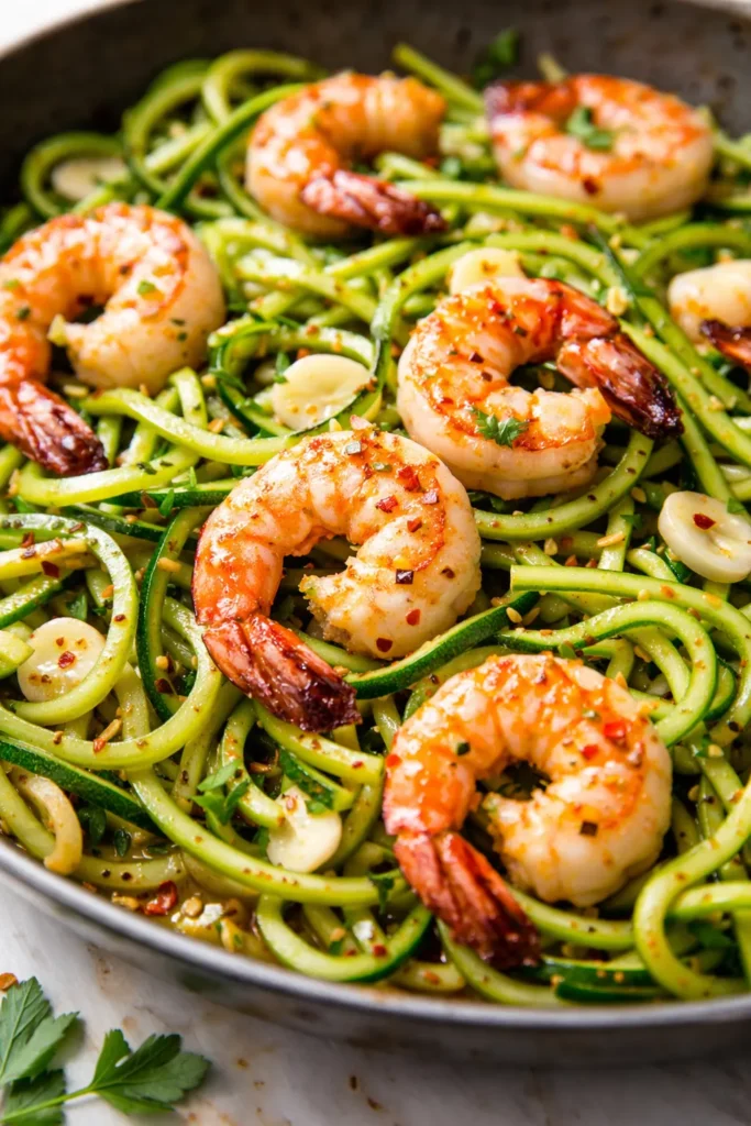 Plump shrimp in glossy lemon garlic sauce over spiralized zucchini noodles, garnished with fresh parsley on a white plate.
