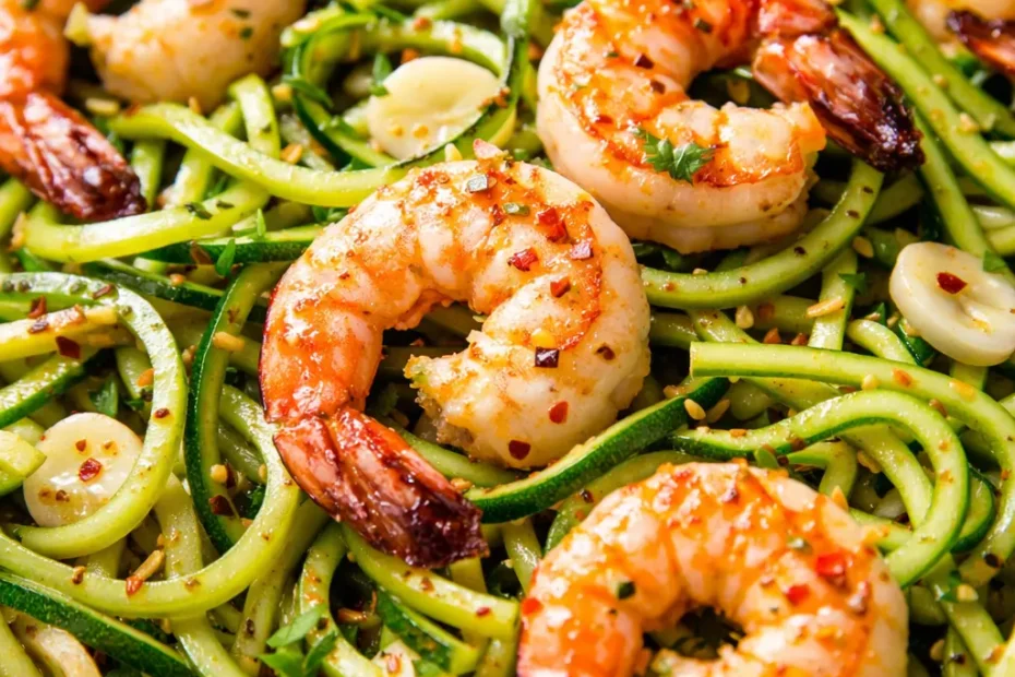 Plump shrimp in glossy lemon garlic sauce over spiralized zucchini noodles, garnished with fresh parsley on a white plate.