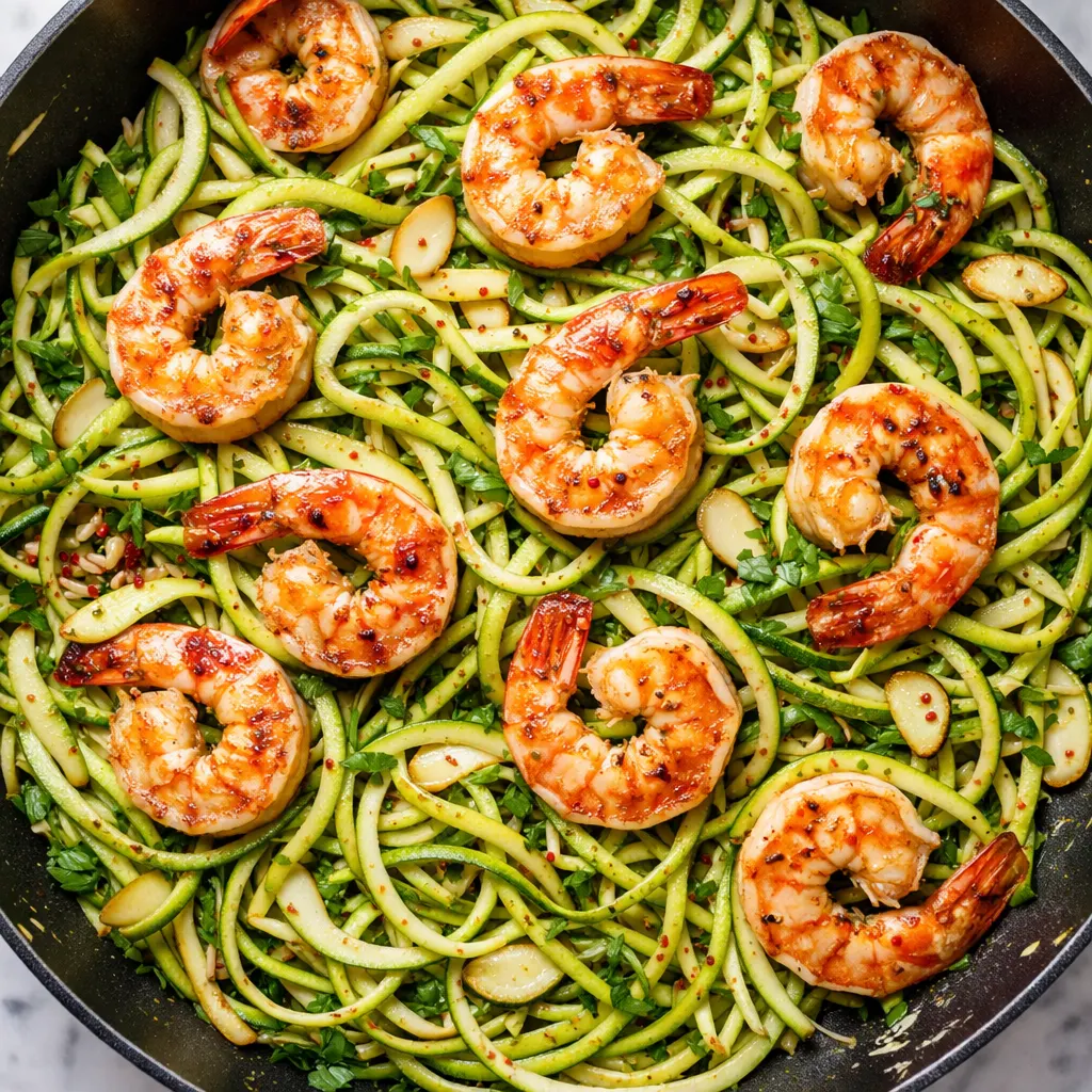 Lemon garlic shrimp sizzling in a hot skillet with minced garlic and lemon slices, soon to be tossed with fresh zucchini noodles.