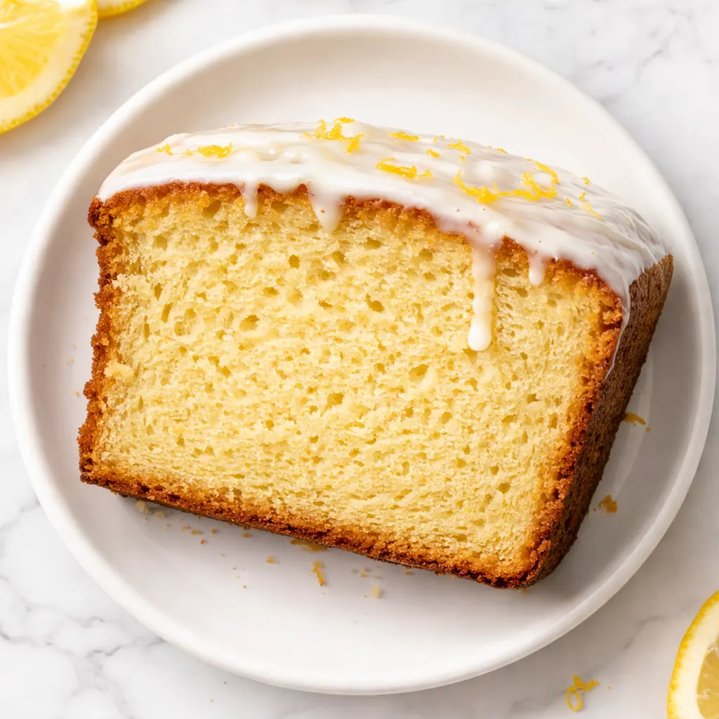 Moist lemon loaf being brushed with glossy syrup soak, showing tender crumb and bright yellow glaze.