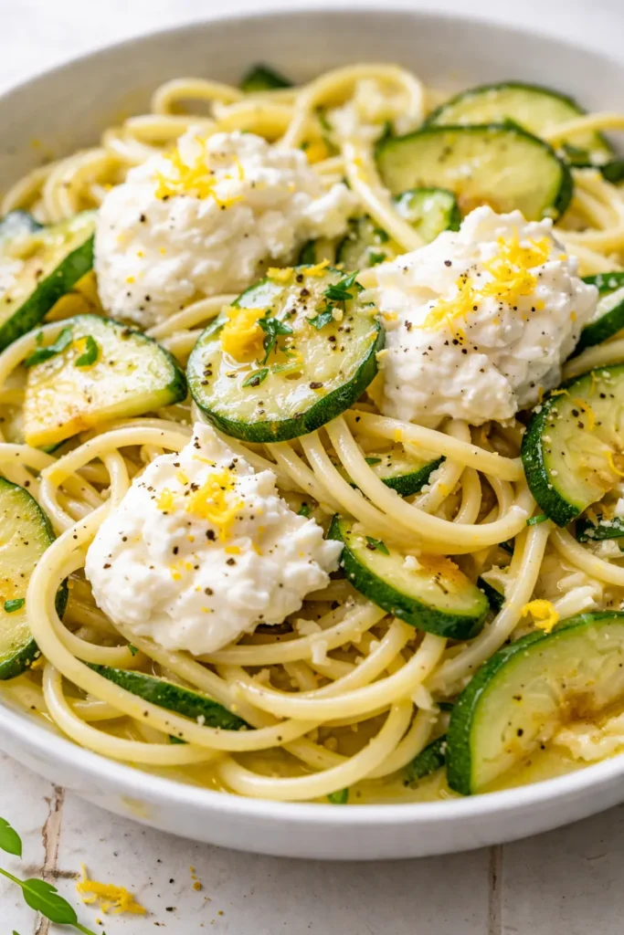 Creamy lemon ricotta zucchini pasta swirled with tender zucchini ribbons and sprinkled with lemon zest and black pepper.