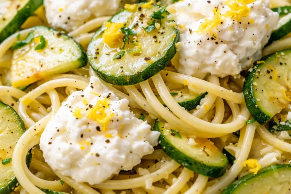 Creamy lemon ricotta zucchini pasta swirled with tender zucchini ribbons and sprinkled with lemon zest and black pepper.