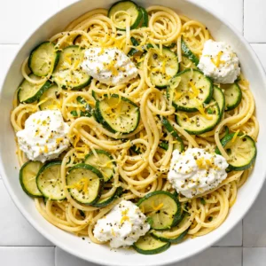 Creamy lemon ricotta sauce coats tender zucchini ribbons and al dente pasta, with fresh lemon zest and black pepper.