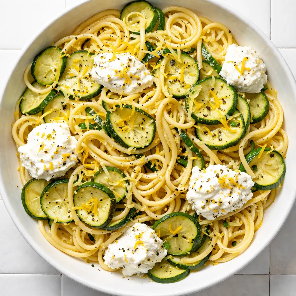 Creamy lemon ricotta sauce coats tender zucchini ribbons and al dente pasta, with fresh lemon zest and black pepper.